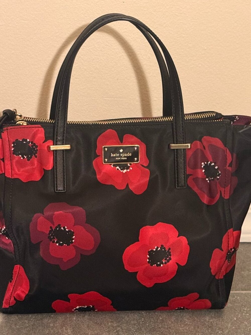 Kate Spade Black and Red Poppy Floral print satchel